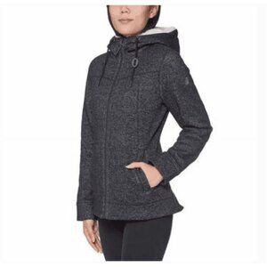 1 Madison Womens Knit With Faux Fur Hood Jacket (Black Tweed, Medium)